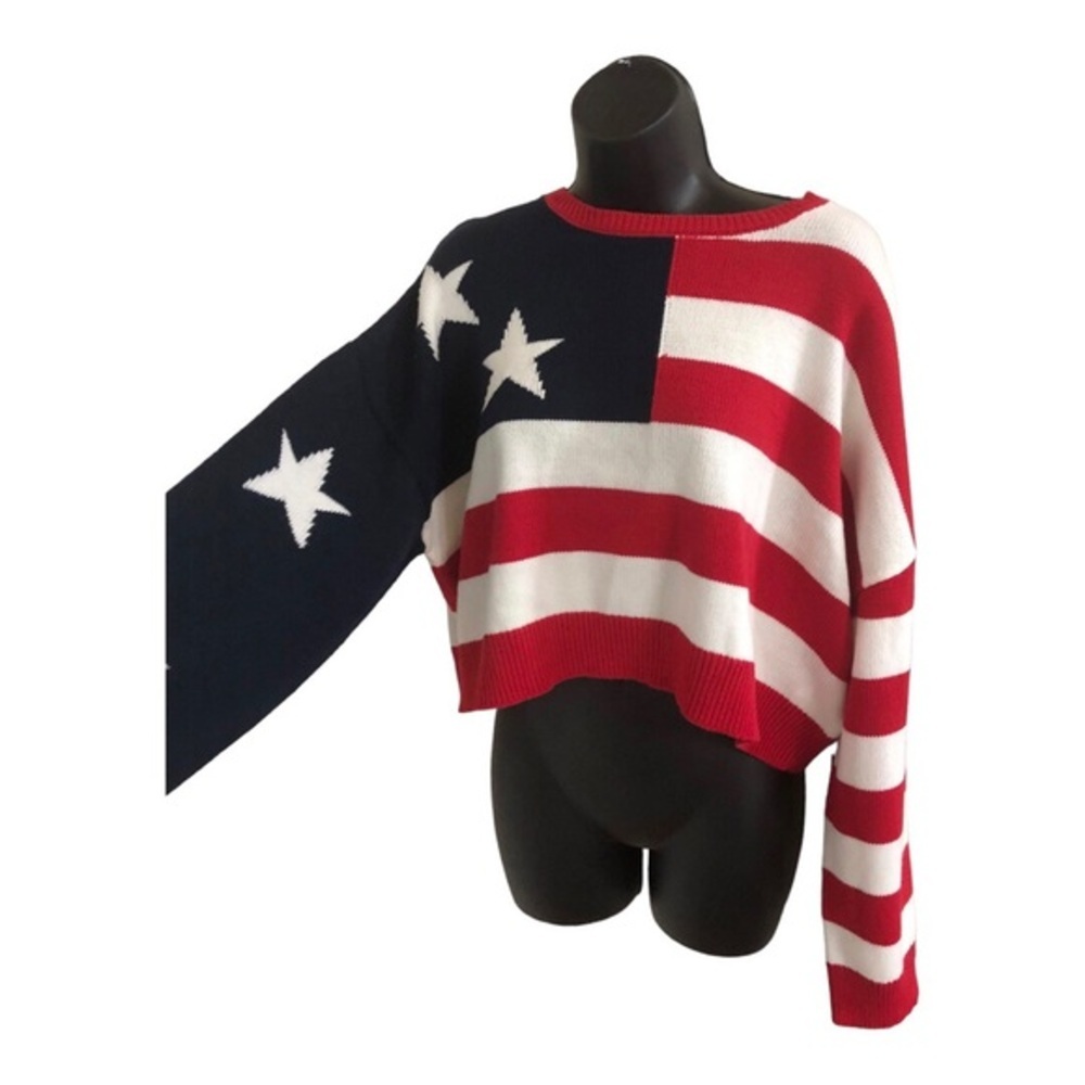 Red White & Blue American flag patriotic knit long sleeve sweater size large new - Picture 5 of 8